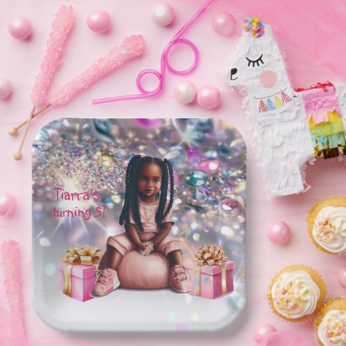 Little Girl Brown Skin Bling Party Paper Plates