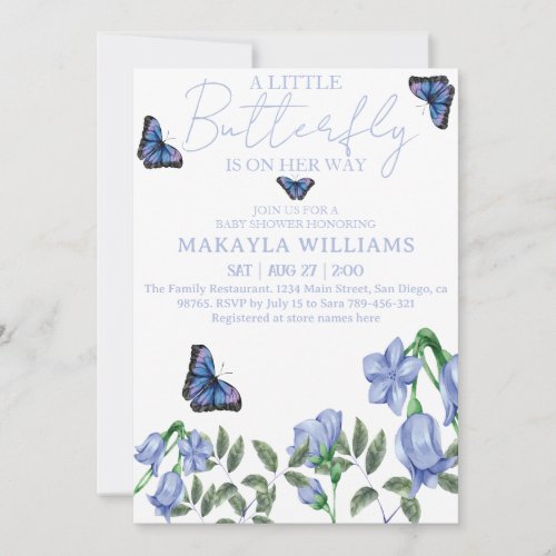 Little Girl Butterfly Blue Floral Baby Shower  Invitation