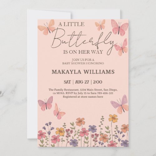 Little Girl Butterfly Pink Floral Baby Shower  Invitation