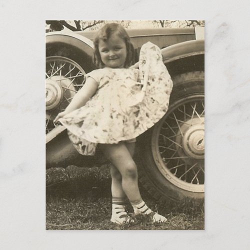 little girl by car with dress post card