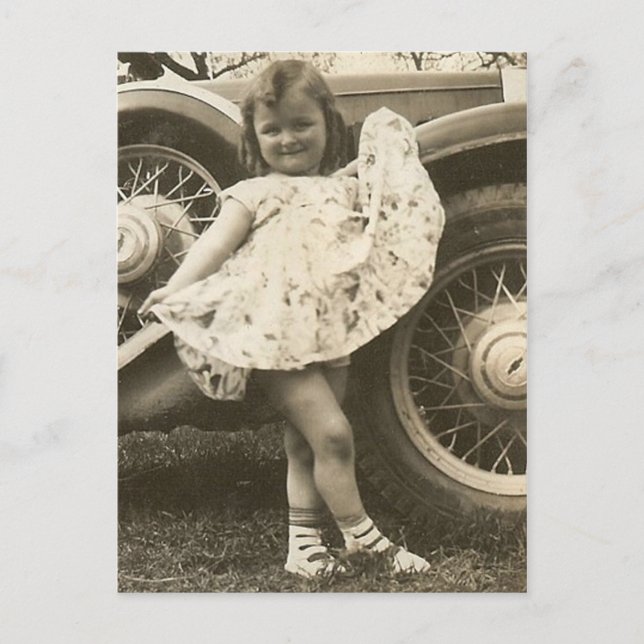 little girl by car with dress post card (Front)