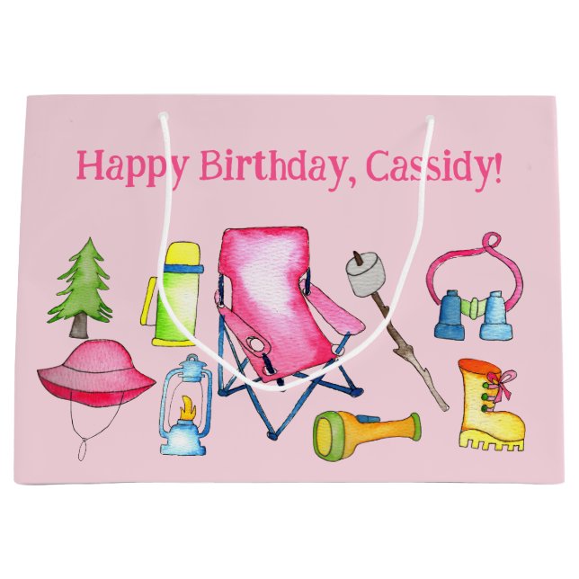 Little Girl Camping Themed Personalized Large Gift Bag (Front)