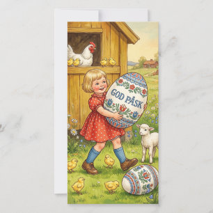 Little Girl Carrying Large Decorated Easter Egg Holiday Card