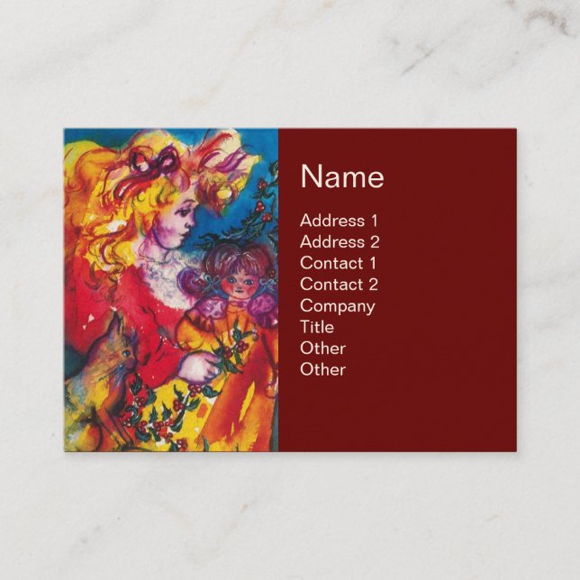 LITTLE GIRL,CAT AND PRETTY DOLL Yellow Red Business Card (Front)