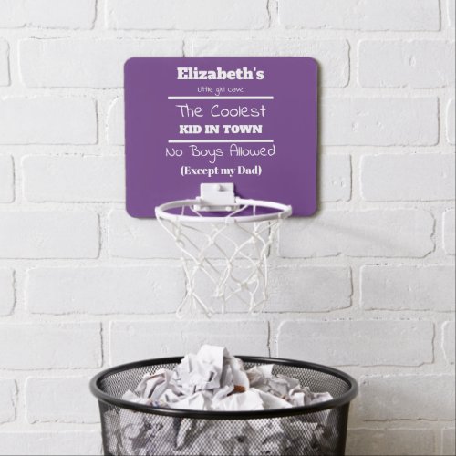 Little girl cave coolest kid purple and white mini basketball hoop