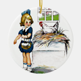 Little girl collecting eggs ceramic ornament