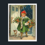 Little girl coming at Christmas eve with her dog Postcard<br><div class="desc">Perfect image for your new print design. It could be a nice present or "final touch" for decorating home.</div>
