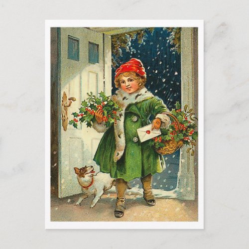 Little girl coming at Christmas eve with her dog Postcard