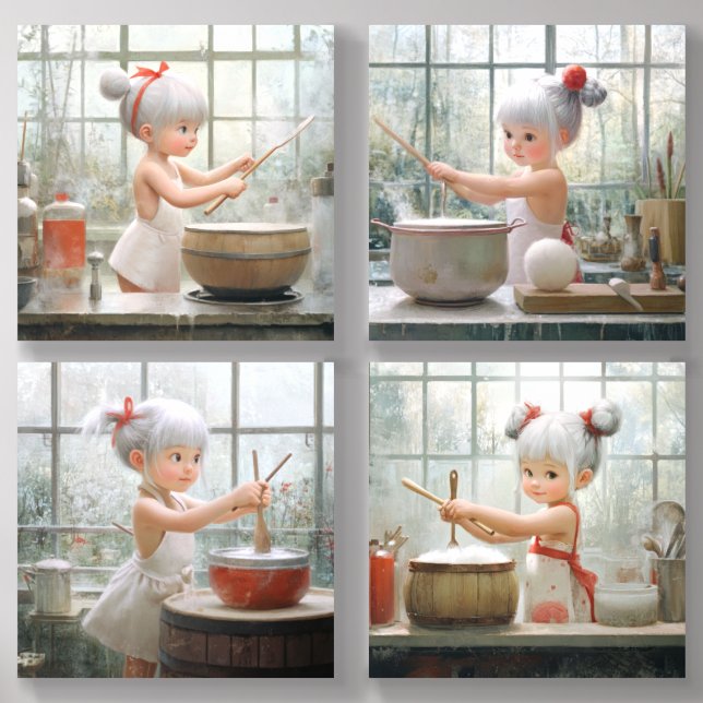 Little Girl Cooking in a Bright Kitchen  Acrylic Photo Tile (Front Set)