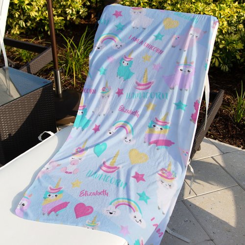 Little Girl Cute Llamacorn Pastel Pattern Beach Towel
