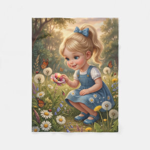Little Girl Daisy Flowers Field Spring Nature Flee Fleece Blanket