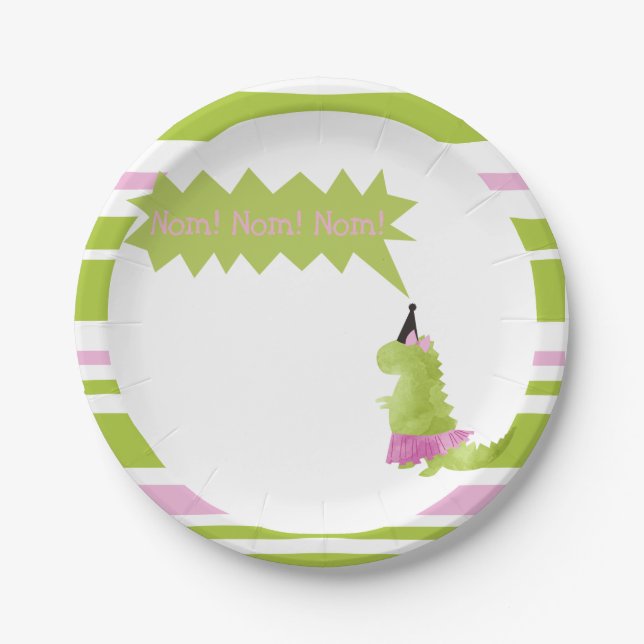 Little girl Dinosaur Tutu Pink Green Dino theme Paper Plates (Front)