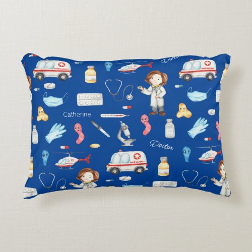 Little Girl Doctor Medical Pattern with Name Blue Accent Pillow