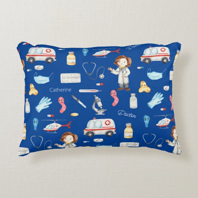 Little Girl Doctor Medical Pattern with Name, Blue Accent Pillow (Front)