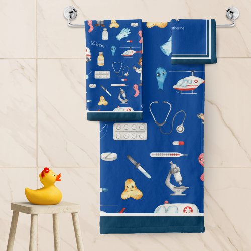 Little Girl Doctor Medical Pattern with Name Blue Bath Towel Set