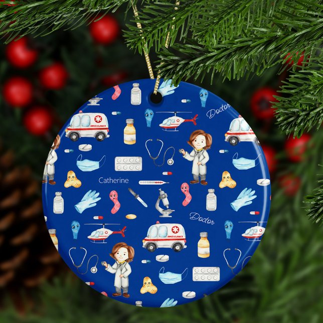 Little Girl Doctor Medical Pattern with Name, Blue Ceramic Ornament (Creator Uploaded)