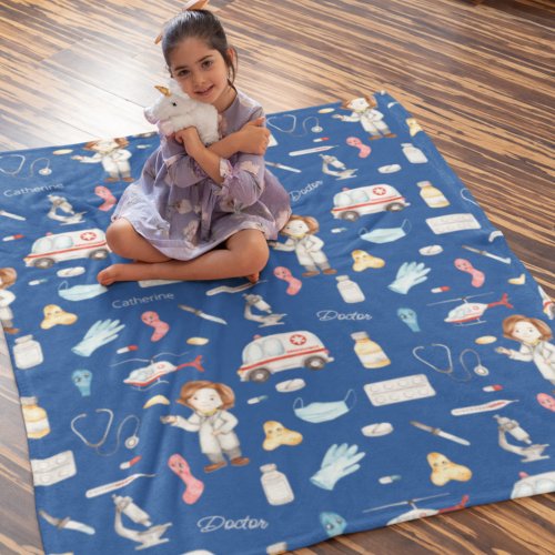 Little Girl Doctor Medical Pattern with Name Blue Fleece Blanket