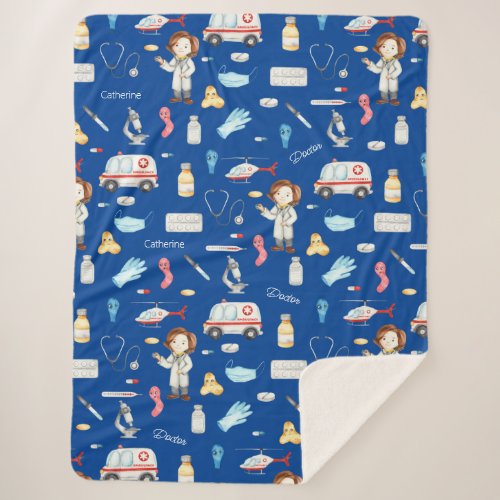 Little Girl Doctor Medical Pattern with Name Blue Sherpa Blanket
