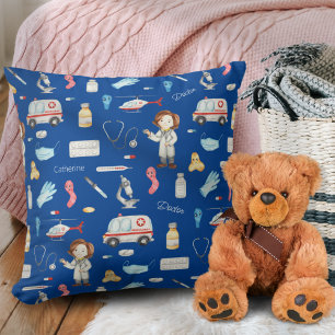 Little Girl Doctor Medical Pattern with Name, Blue Throw Pillow