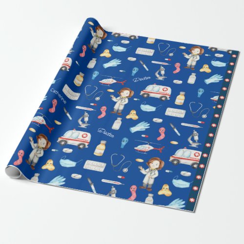 Little Girl Doctor Medical Pattern with Name Blue Wrapping Paper