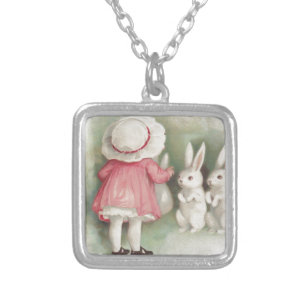 Little Girl Easter Bunny Rabbit Silver Plated Necklace