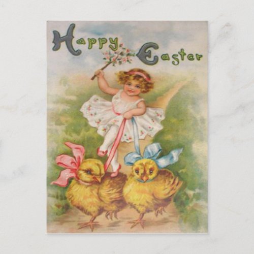 Little Girl Easter Chick Leash Holiday Postcard