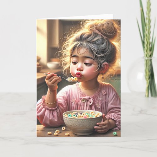 Little Girl Eating Breakfast Cereal Card