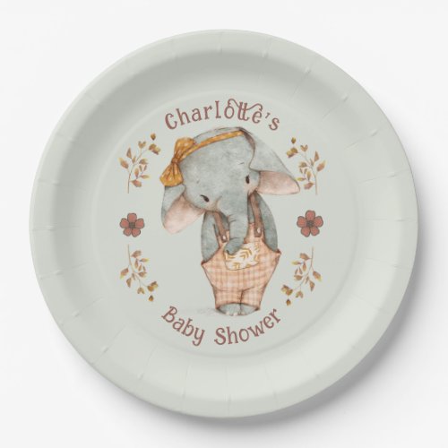 Little Girl Elephant Baby Shower Paper Plates