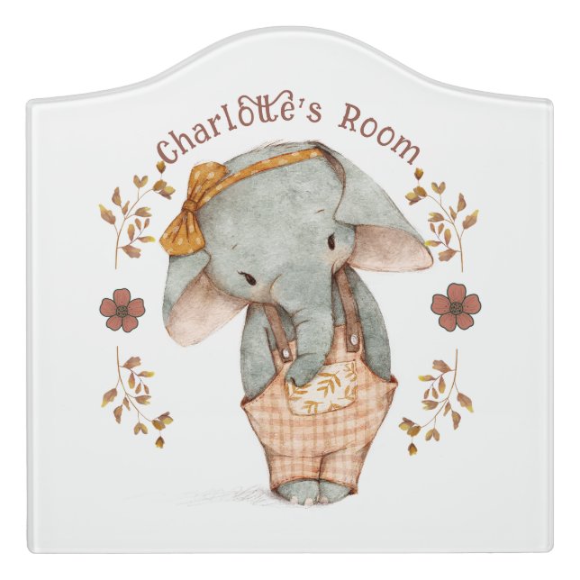 Little Girl Elephant Personalized  Door Sign (Large Crest Front)