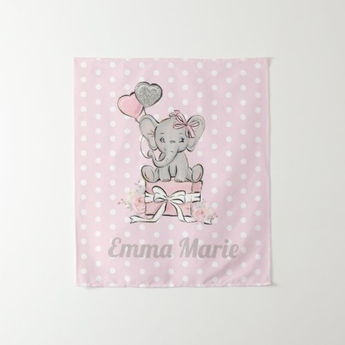 Little Girl Elephant Pink Silver Balloons Name Tapestry