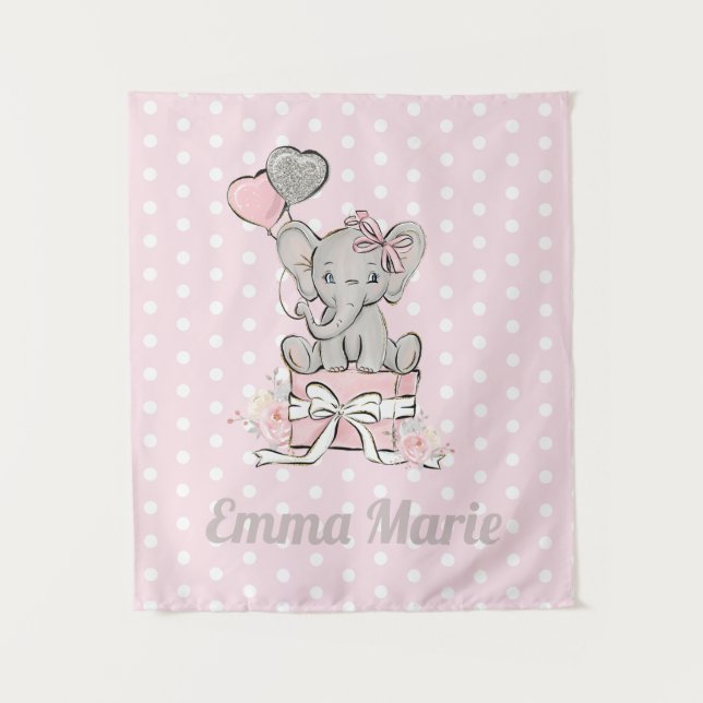 Little Girl Elephant Pink Silver Balloons Name Tapestry (Front)