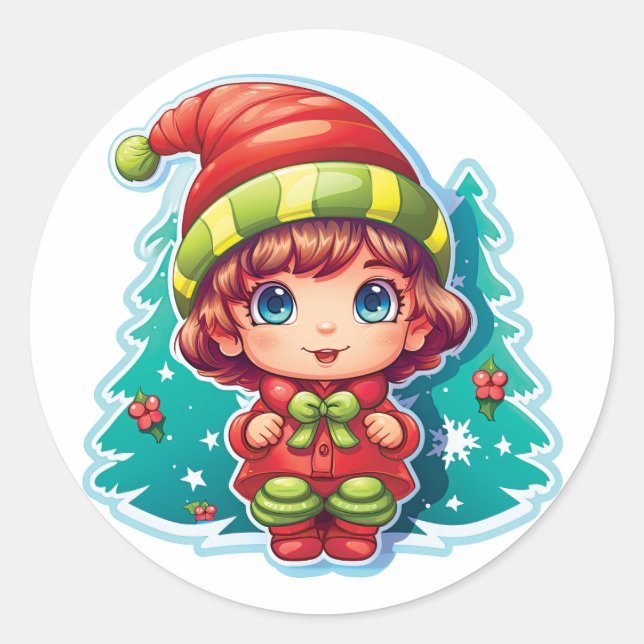 Little Girl Elf Xmas Magic Classic Round Sticker (Front)
