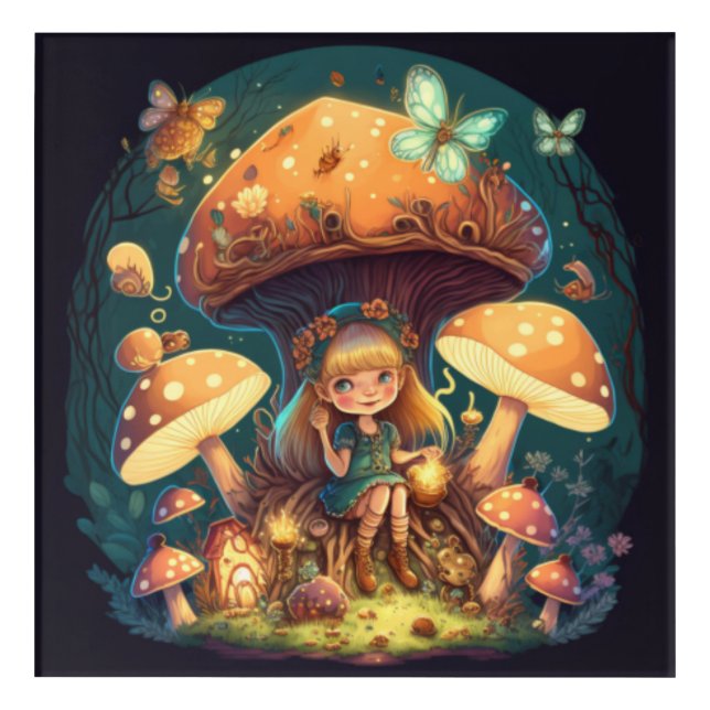 Little girl elve among mushrooms acrylic print (Front)