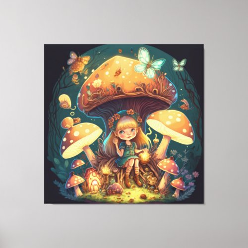 Little girl elve among mushrooms canvas print