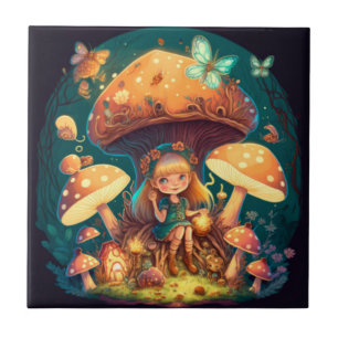 Little girl elve among mushrooms ceramic tile