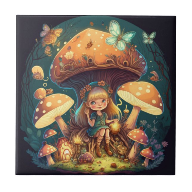 Little girl elve among mushrooms ceramic tile (Front)