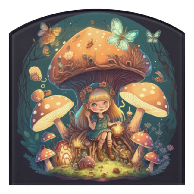 Little girl elve among mushrooms door sign (Contour Front)