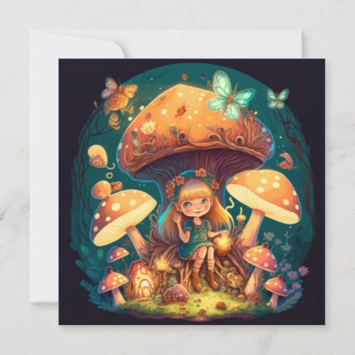 Little girl elve among mushrooms holiday card