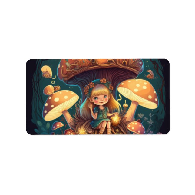 Little girl elve among mushrooms label (Front)