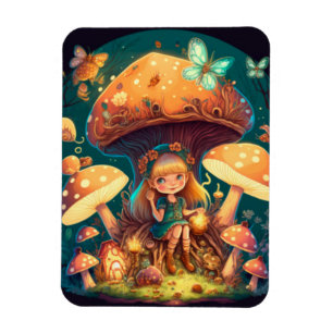 Little girl elve among mushrooms magnet