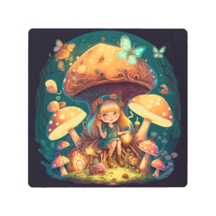 Little girl elve among mushrooms metal print