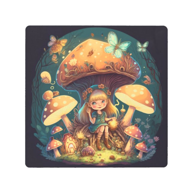 Little girl elve among mushrooms metal print (Front)