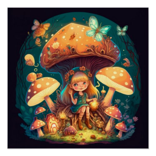 Little girl elve among mushrooms poster