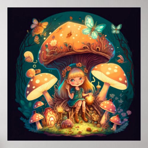 Little girl elve among mushrooms poster