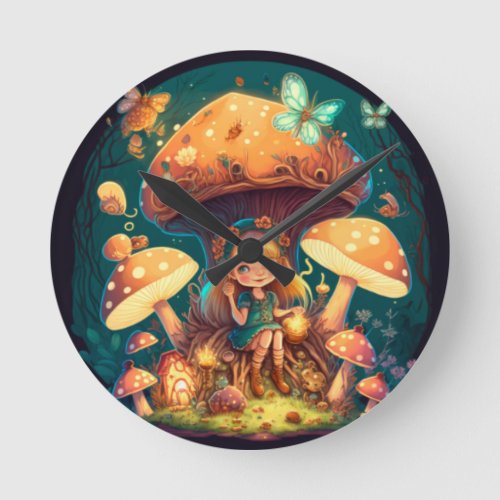 Little girl elve among mushrooms round clock