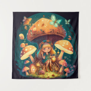 Little girl elve among mushrooms tapestry