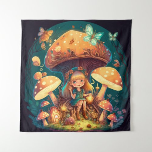 Little girl elve among mushrooms tapestry