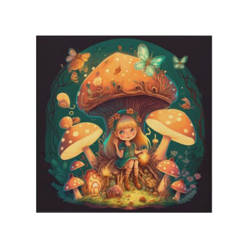 Little girl elve among mushrooms wood wall art