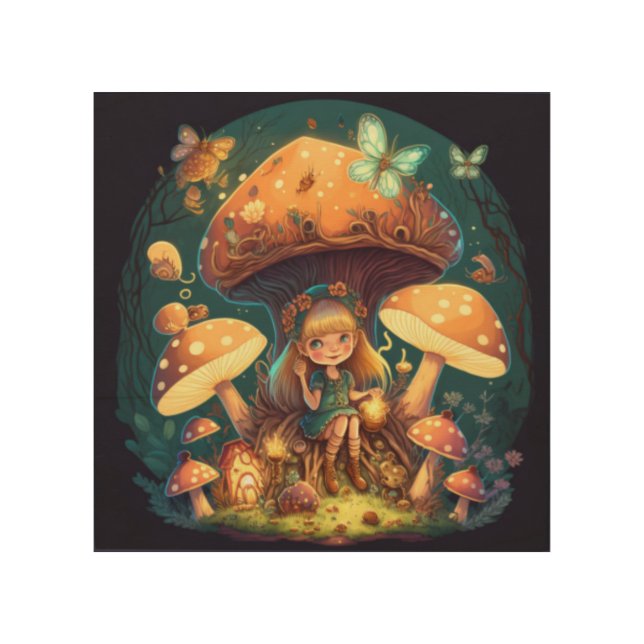 Little girl elve among mushrooms wood wall art (Front)