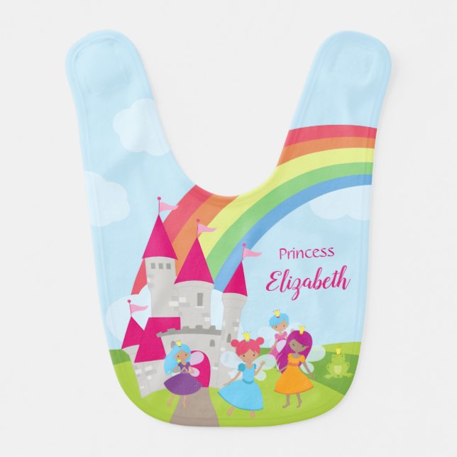 Little Girl Fairy Princess with Rainbow and Castle Baby Bib (Front)